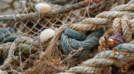 A closeup of a twisted and knotted fishing net with bits of sea debris and shells caught in its tangled fibers