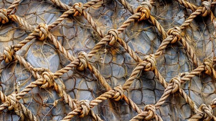 A textured background of overlapping crisscrossed fishing netting creating a weblike pattern