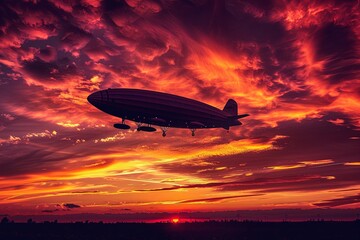 Naklejka premium A Zeppelin flies through a fiery sunset sky