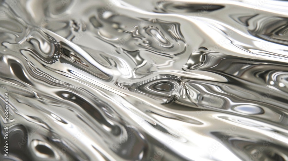 Poster a closeup of reflective chrome metal with a smooth surface and intricate etchings that catch the lig