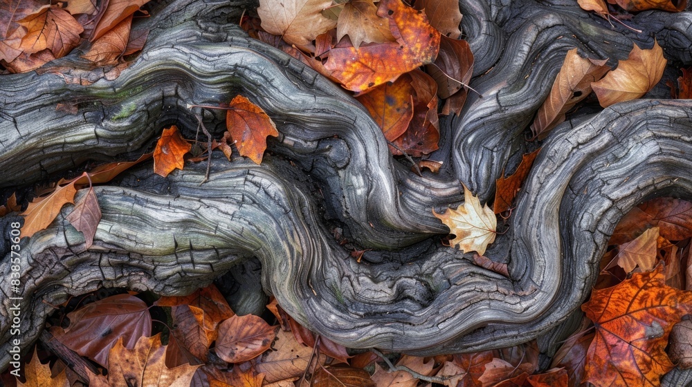 Poster the rough and rugged texture of a tree root that twists and turns through the layers of fallen leave