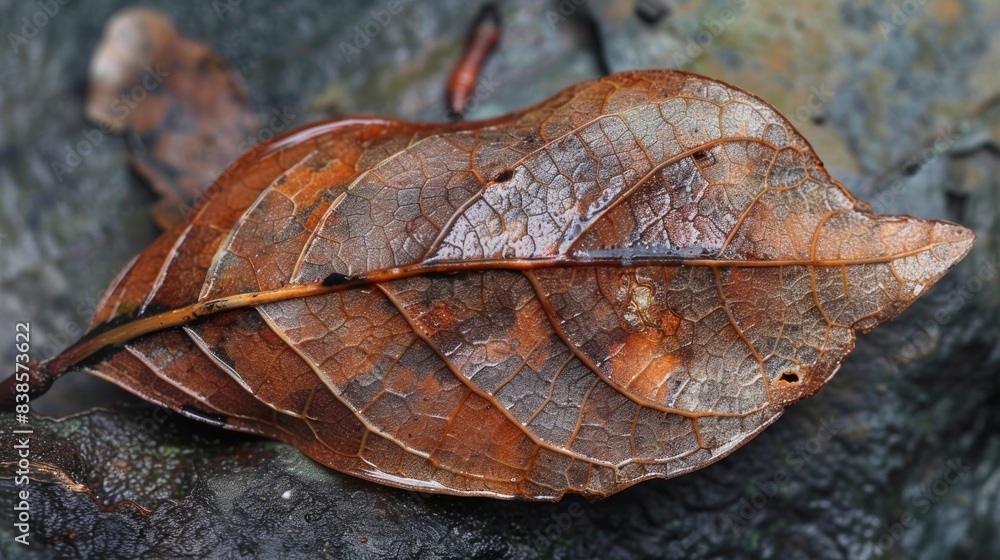 Poster a decomposing leaf its edges curled and brown with visible delicate s slowly disintegrating