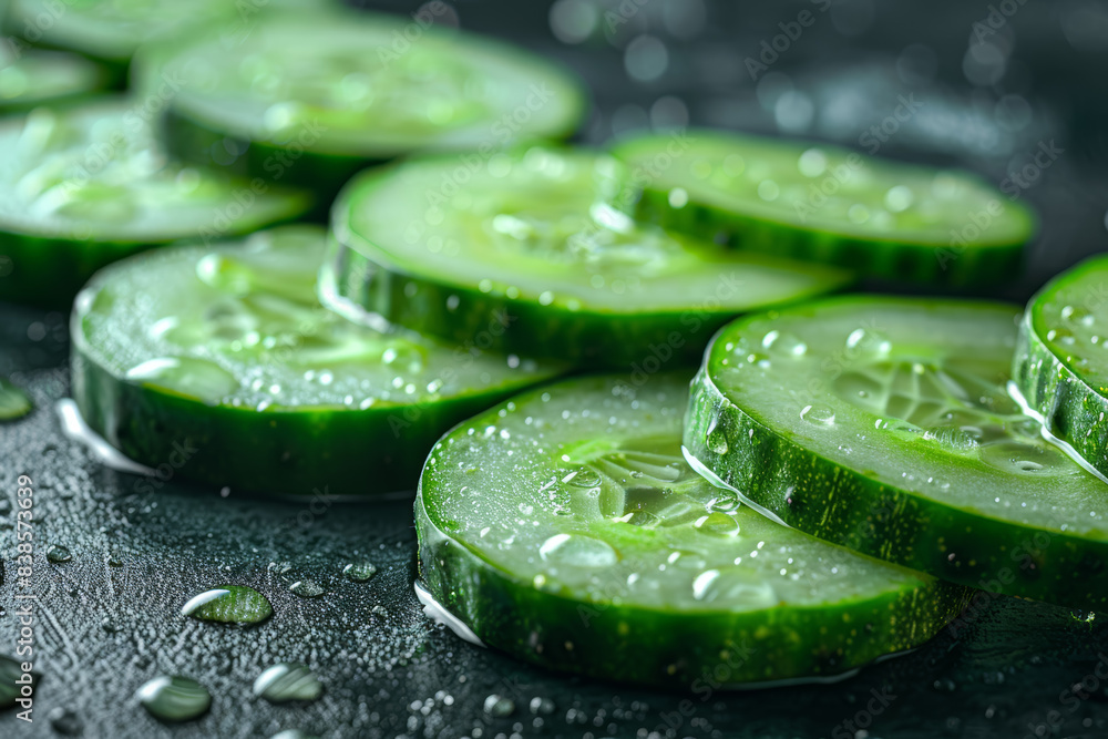 Poster cucumber rounds laid out in a spiral. concept of hydration and refreshment. generative ai.