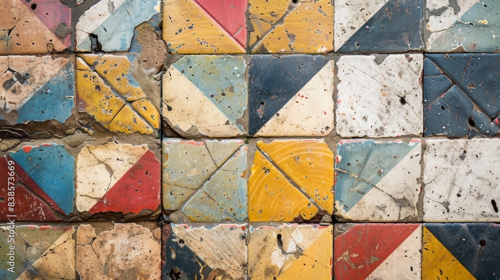 Poster a highlydetailed shot of a multicolored tile with a geometric pattern revealing the small imperfecti