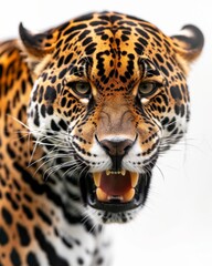 Obraz premium Mystic portrait of Amazon Jaguar , copy space on right side, Anger, Menacing, Headshot, Close-up View Isolated on white background