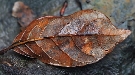 A decomposing leaf its edges curled and brown with visible delicate s slowly disintegrating