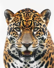 Obraz premium Mystic portrait of Amazon Jaguar , copy space on right side, Anger, Menacing, Headshot, Close-up View Isolated on white background