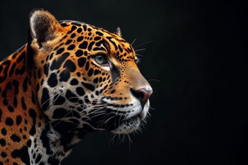 Obraz premium Mystic portrait of Amazon Jaguar in studio, copy space on right side, Anger, Menacing, Headshot, Close-up View Isolated on black background