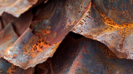 The jagged edges and sharp corners of the rusted sheet steel give the impression of strength and durability despite its deteriorated appearance