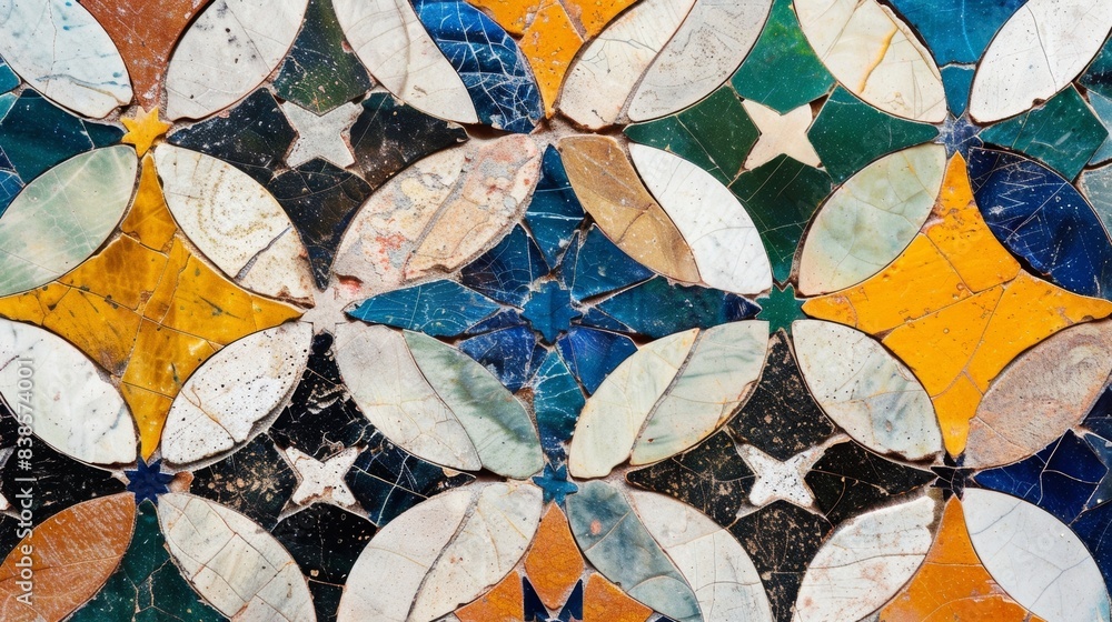 Poster a detailed shot of a multicolored tile featuring a repeating pattern of interlocking circles and sta