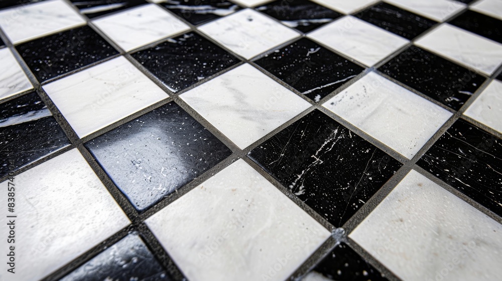 Poster a detailed closeup of a black and white checkered tile with a glossy finish and precise lines creati