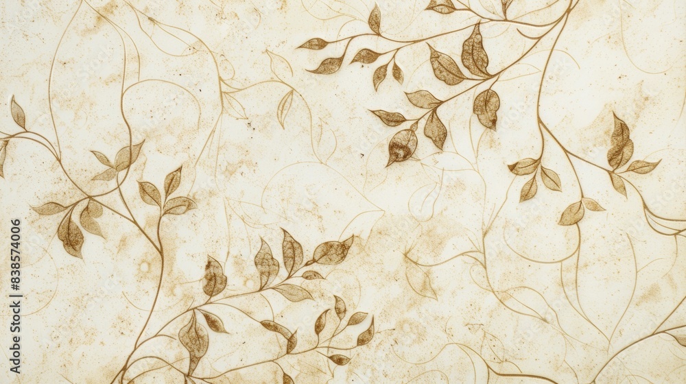 Poster an upclose view of a creamcolored tile displaying a delicate pattern of vines and leaves in shades o