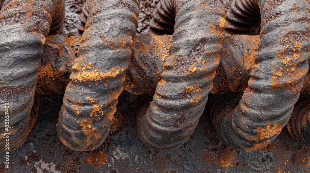 Poster detail of a of worn weathered springs with chipped paint and dried grease accumulating between each 