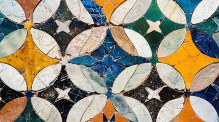 A detailed shot of a multicolored tile featuring a repeating pattern of interlocking circles and stars