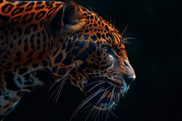 Mystic portrait of East African Jaguar in studio, copy space on right side, Anger, Menacing, Headshot, Close-up View Isolated on black background