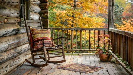 Cozy rustic porch with rocking chair and autumn foliage