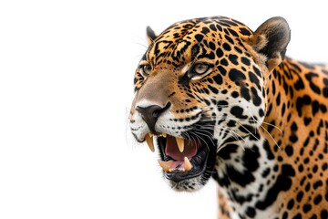 Mystic portrait of East African Jaguar in studio, copy space on right side, Anger, Menacing, Headshot, Close-up View Isolated on white background