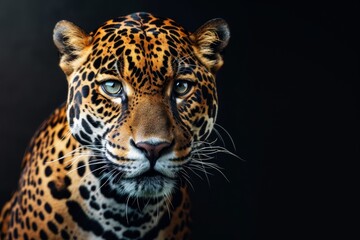 Obraz premium Mystic portrait of East African Jaguar in studio, copy space on right side, Anger, Menacing, Headshot, Close-up View Isolated on black background