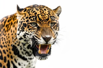 Fototapeta premium Mystic portrait of East African Jaguar in studio, copy space on right side, Anger, Menacing, Headshot, Close-up View Isolated on white background