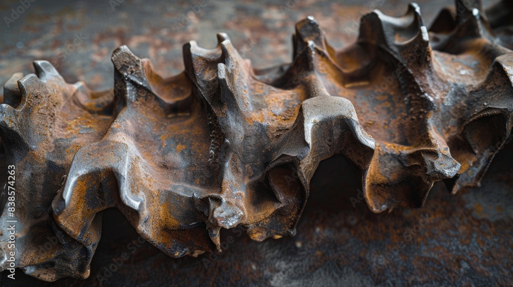 Poster the sharp edges and jagged surface of a worn industrial chain worn down from years of heavy use