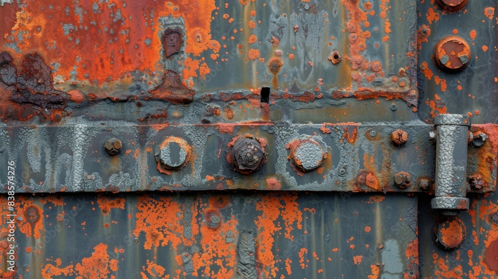 Poster the deep redorange color of the rust contrasts with the dull gray metal creating a visually striking