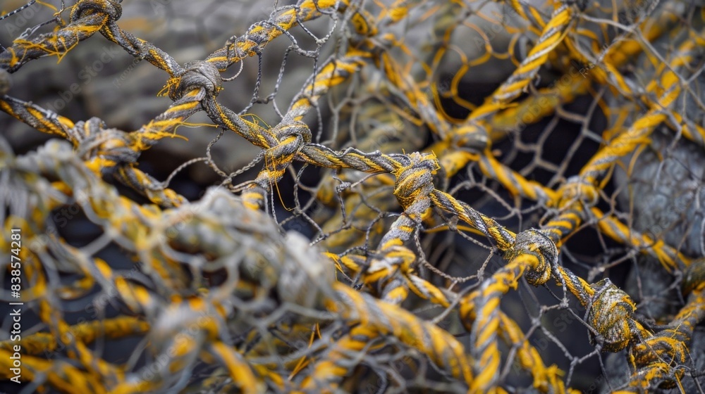 Poster a worn piece of netting featuring tangled threads and exposed faded yellow plastic threading creatin
