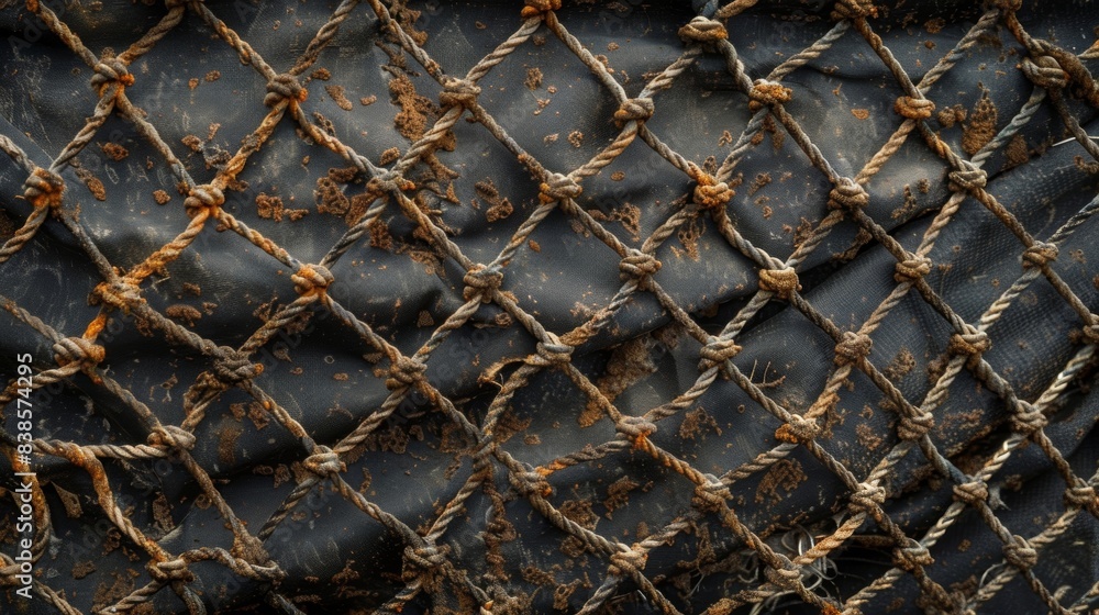 Poster a detailed image of a faded wornout netting with a weblike structure revealing remnants of dirt and 