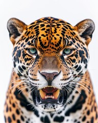 Mystic portrait ofAmerican Jaguar, copy space on right side, Anger, Menacing, Headshot, Close-up View Isolated on white background