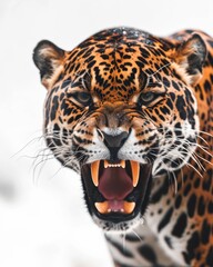 Obraz premium Mystic portrait ofAmerican Jaguar, copy space on right side, Anger, Menacing, Headshot, Close-up View Isolated on white background