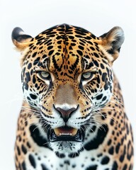 Obraz premium Mystic portrait ofAmerican Jaguar, copy space on right side, Anger, Menacing, Headshot, Close-up View Isolated on white background