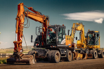 baumaschienen auf einer straße für den straßenbau bei glauen himmel 