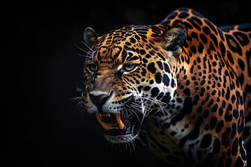 Fototapeta premium Mystic portrait ofAmerican Jaguar in studio, copy space on right side, Anger, Menacing, Headshot, Close-up View Isolated on black background