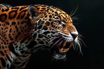 Fototapeta premium Mystic portrait ofAmerican Jaguar in studio, copy space on right side, Anger, Menacing, Headshot, Close-up View Isolated on black background