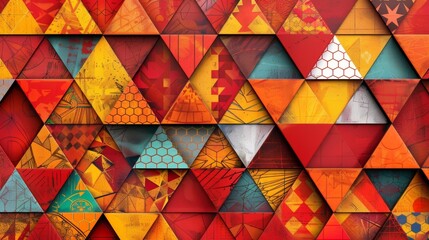 Geometric Patchwork A mix of triangular square and hexagonal tiles in vibrant hues of red orange and yellow creating a dynamic and bold patchwork pattern