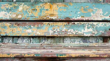 Peeling Paint A detailed photo of an old wooden bench reveals layers of peeling paint that have been partially worn away giving the piece a rustic and aged appearance
