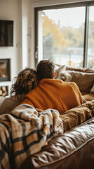 Obraz premium A couple cuddles on a leather couch in a cozy living room, enjoying the view through a large window. They are both wearing warm sweaters and a plaid blanket is draped over them