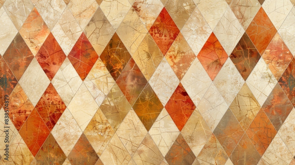 Poster diamondshaped tiles in shades of rust and gold connected by thin lines to form a mesmerizing mosaic 