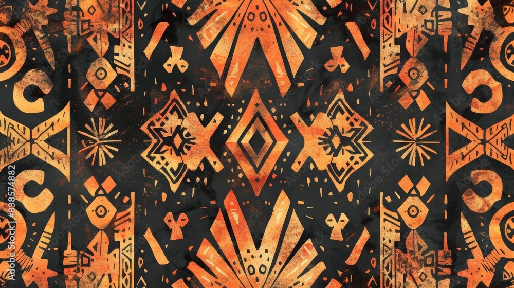 Poster a tribalinspired pattern featuring an array of symbols and shapes in shades of burnt orange and brow
