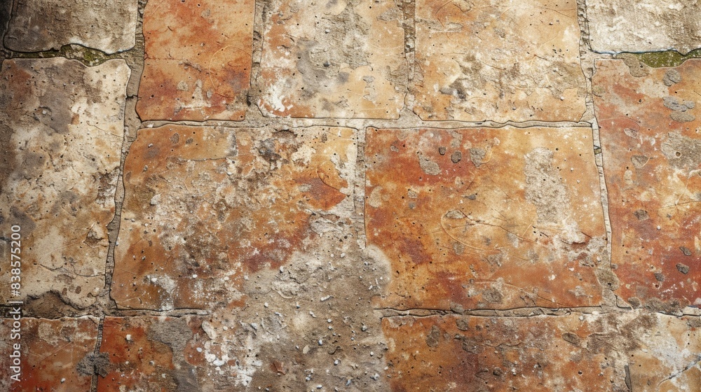 Poster terracottacolored stains and speckles tered across the floor adding character to the otherwise dull 