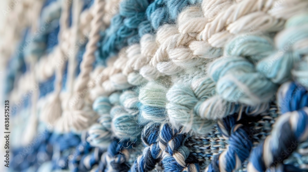 Poster clusters of soft threads in varying shades of blue and white create a dreamy and ethereal texture on