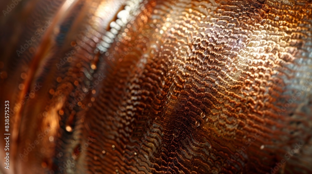 Poster a closeup of a copper pipe its surface carefully buffed and shined. the intricate ridges and lines o
