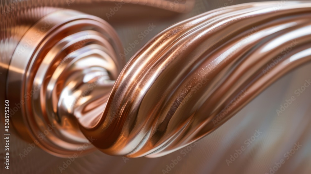 Poster an upclose look at a copper handleset its polished finish gleaming in the light. the ridges and curv