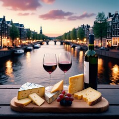 wine and cheese with a view of the Amsterdam river
