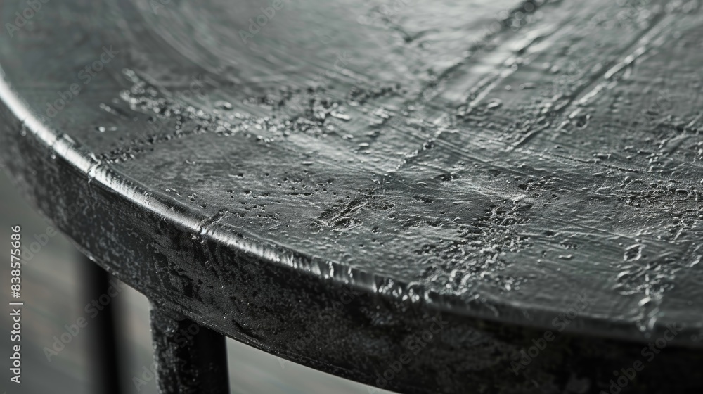 Poster an upclose view of matte black metal showcasing a slightly dented and scratched surface adding to it