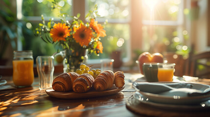 Family breakfast table with a plate of croissants, a vase of flowers and a glass of orange juice