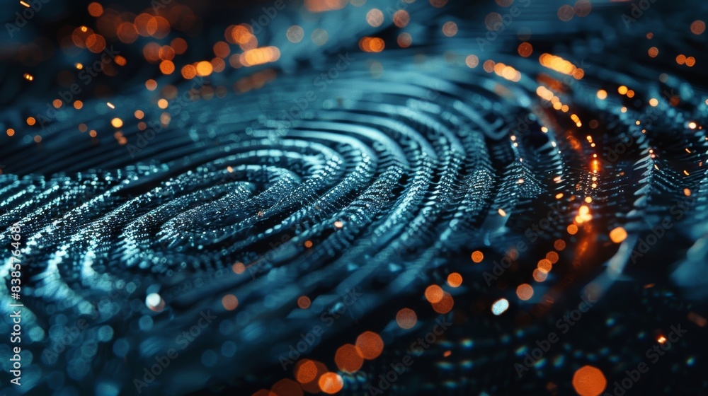 Poster a detailed shot of a fingerprint scanner infused with metallic particles creating a reflective and f