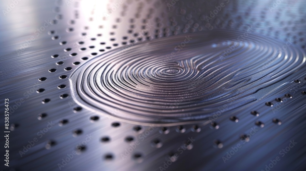 Poster a macro image of a fingerprint sensor embedded into a sleek metallic surface showcasing its integrat