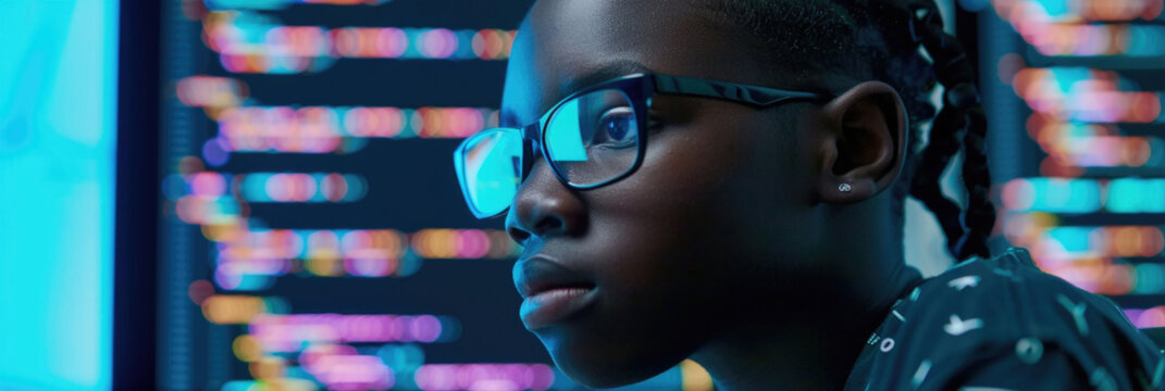 A young girl with glasses gazes intently at a computer screen, bathed in blue light