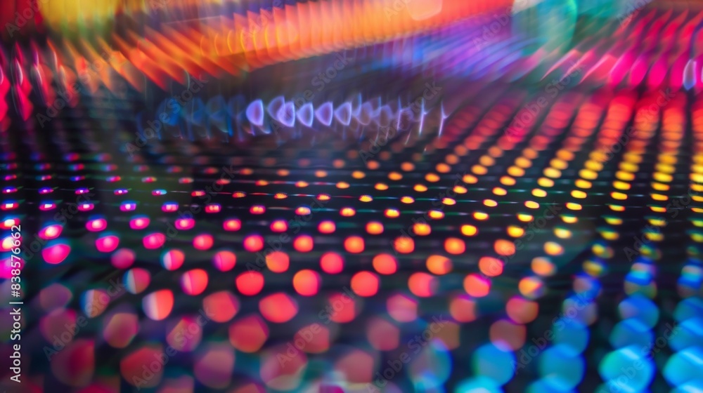 Poster a closeup of a quantum dot display screen showcasing a grid of microscopic dots emitting a mesmerizi