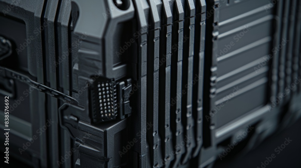Poster a detailed capture of the vertical ridges and horizontal grooves on the side of the battery pack pro